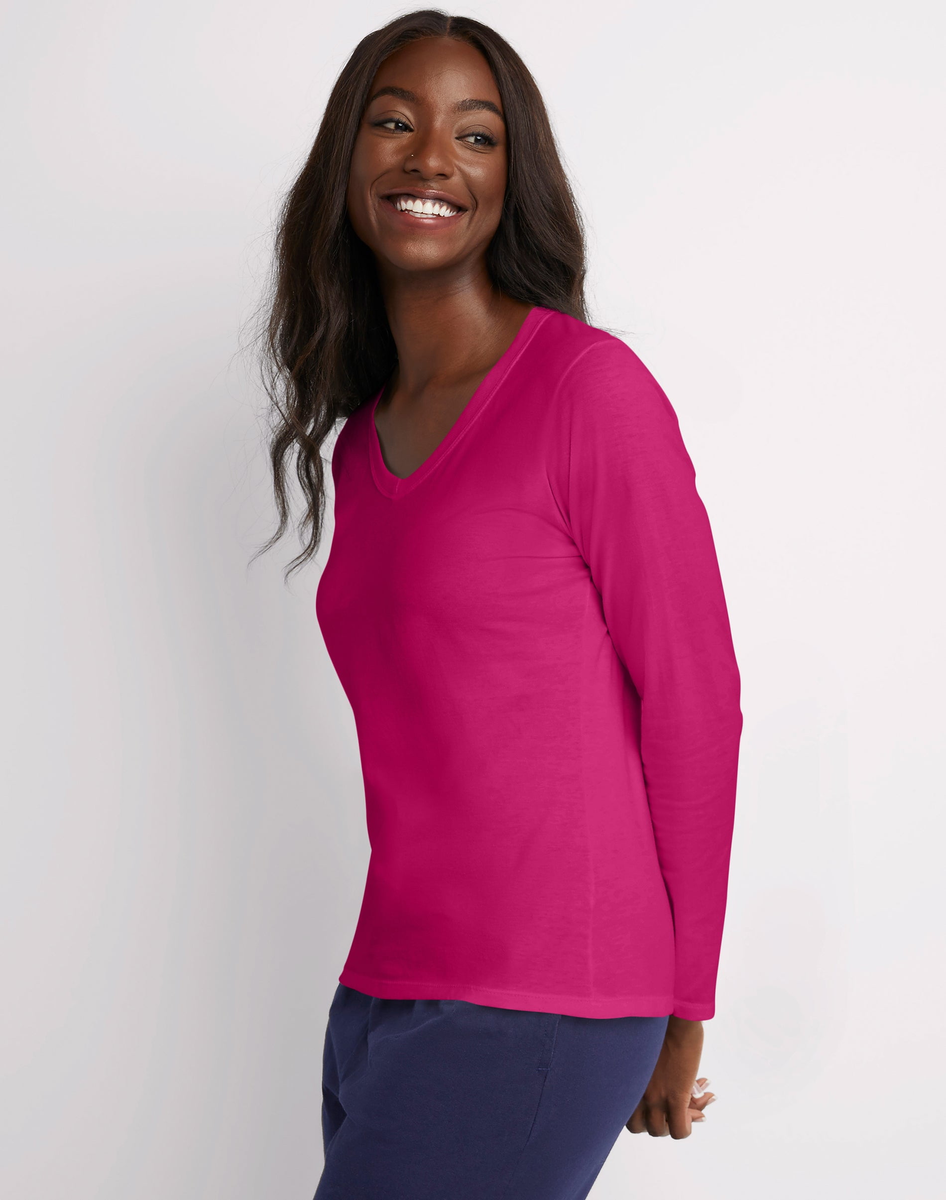 Hanes Women's Long Sleeve Cotton V-Neck T-Shirt, Sizes XS-XXL