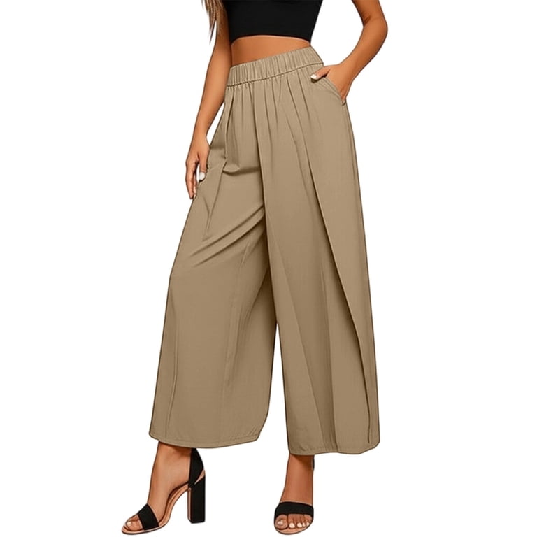 XIAOCHA Womens Elastic Waist Wide Leg Culottes Split Front Loose Casual ...