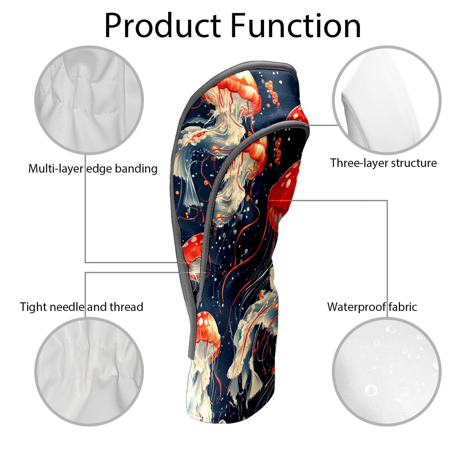 Golf Club Covers PU Leather Waterproof Head Covers for Fairway Woods Hybrids Red Jellyfish
