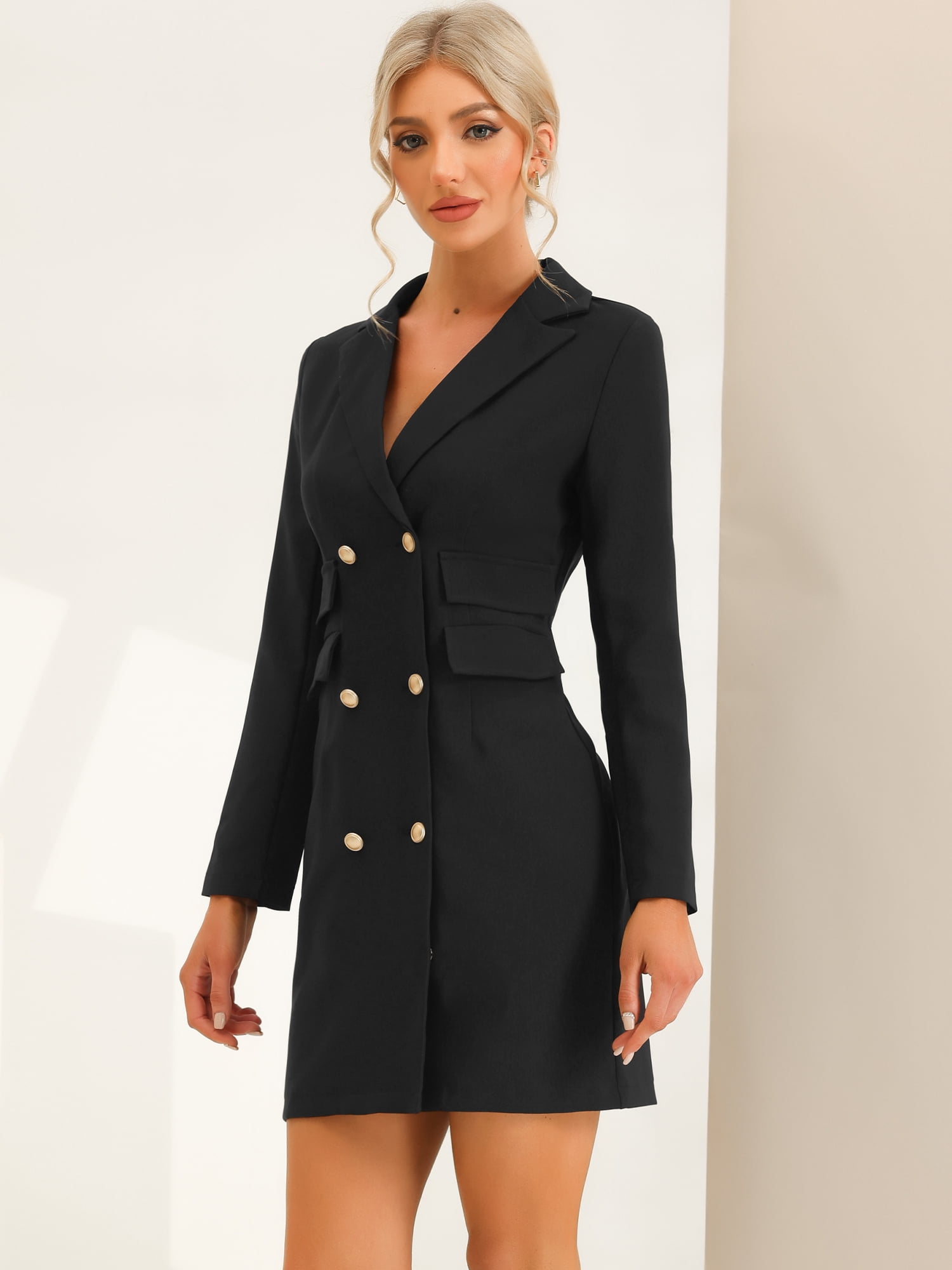 Unique Bargains Women's Elegant Blazer Office Work Dress with Pockets XS Black