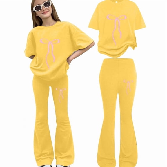 GiLiling Girls 2 Piece Outfits Cute Bow Print T-Shirt and Flare Pants Spring Summer Teen Girls Fashion Clothing Set (Yellow, 11-12 Years)