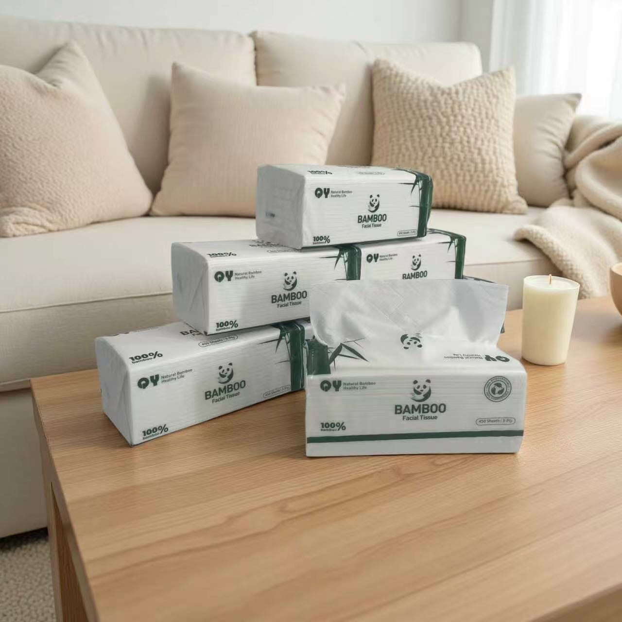 QingYa Bamboo Facial Tissue, 3-Ply Bleached Facial Paper, 12 Packs, Soft & Durable for Wet & Dry Use
