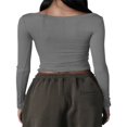 thumbnail image 3 of Women Square Neck Slim Shirt Long Sleeve Button Front Crop Tops Fitted Ribbed Low Cut Layering Tight Basic Tee Black M, 3 of 3