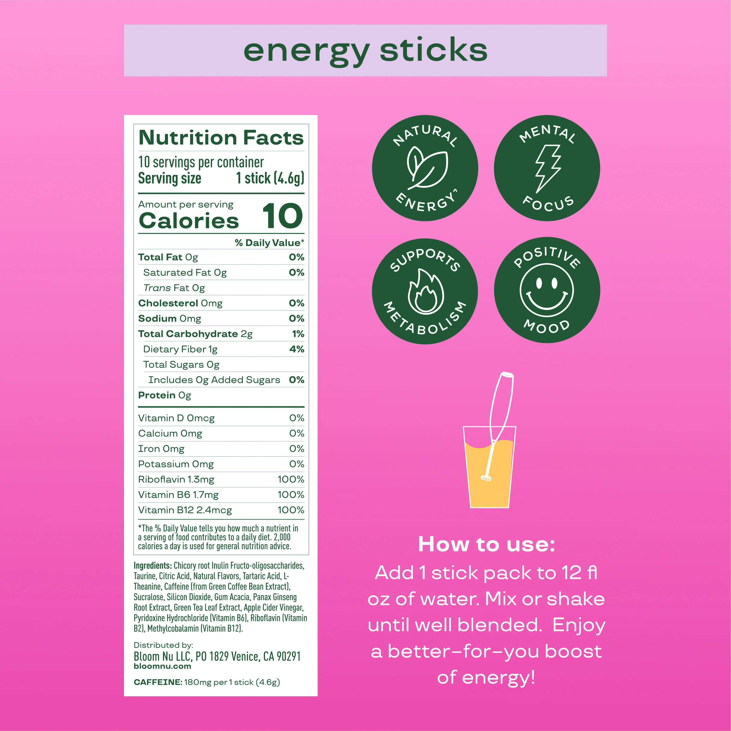 Bloom Nutrition Energy Powder Drink Mix, Sugar Free, Raspberry Lemon, 10 Count