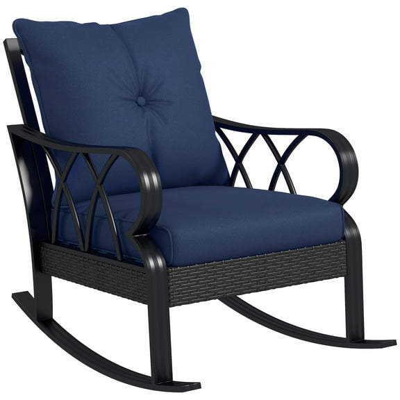 Curved Aluminum Armrest,Outdoor Wicker Rocking Chair with Padded Cushions, Aluminum Furniture Rattan Porch Rocker Chair W/ Armrest for Garden, Patio, and Backyard, Navy Blue,Khaki