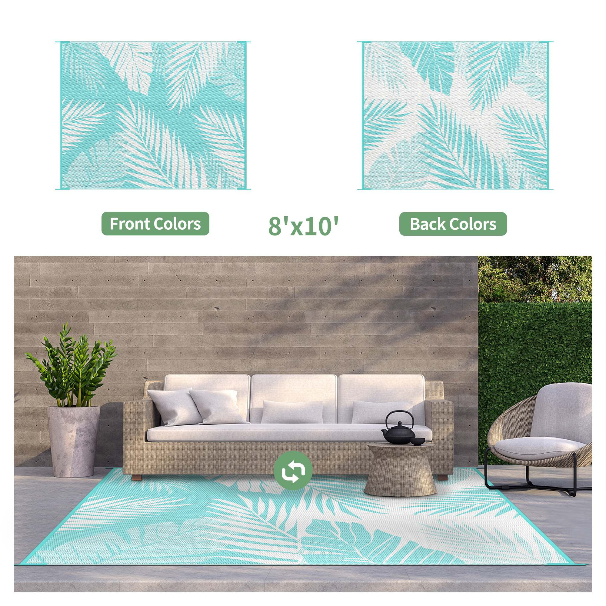 DEORAB Outdoor Rug 8'x10' Waterproof Reversible Patio Rug Portable Plastic Straw Outside Carprt for Beach Garden RV Camping Porch Deck Backyard, Aquablue & White
