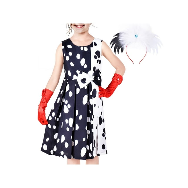 Robe de Fille Costume d'Halloween pour Dalmatians Perruque Serre‑tête Gants Rouges 4 Ans