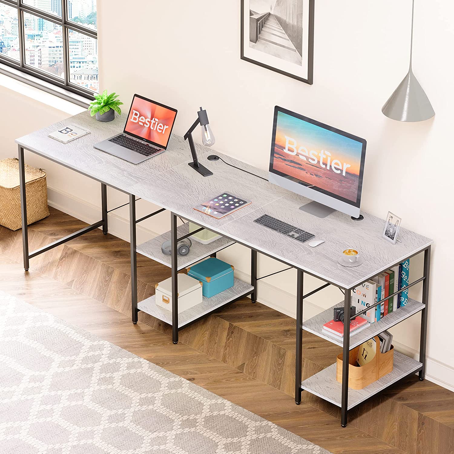 Bestier 86.6 inch Reversible L Shaped Desk with Shelves Grey - image 4 of 10