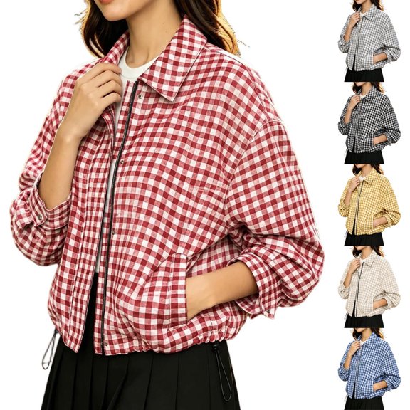Aswuknt Womens Checkered Plaid Bomber Jacket Zip Front Lightweight Casual Jacket Long Sleeve Collared Fall Outerwear With Pockets