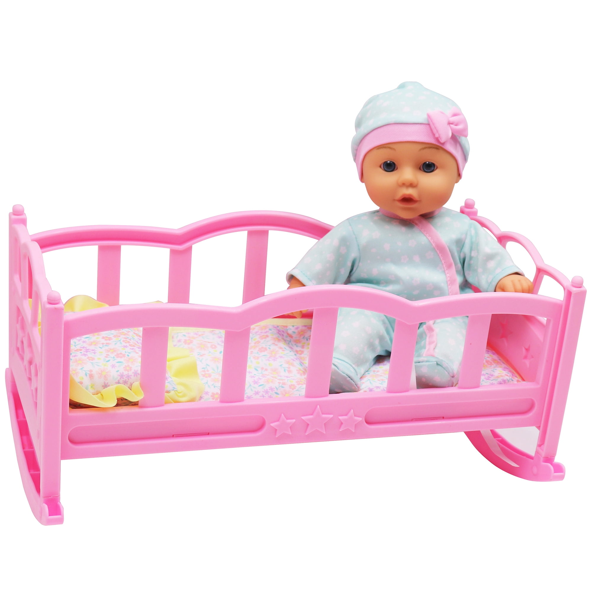 Dream Collection: Musical Crib & 12" Baby Doll Set - Blue & Pink Onesie, Sleep Cap, Rocking Crib Plays Soothing Lullabies, Toy Rattle, Kid-Toddlers 2+