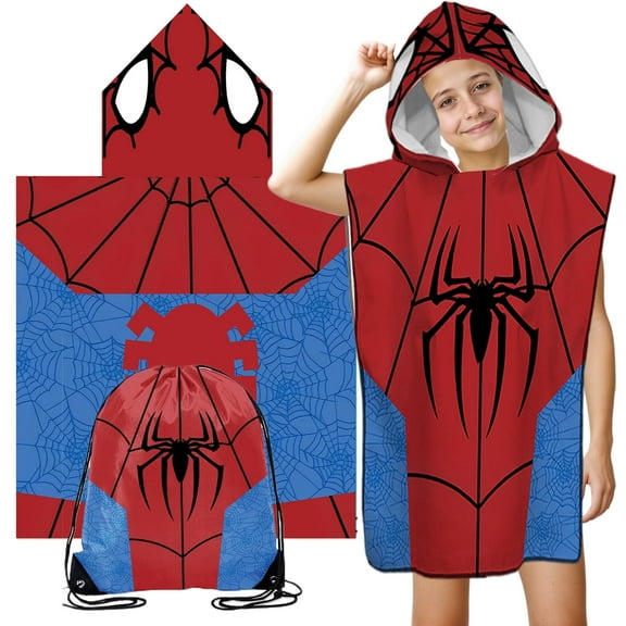 Kicpot Kids Beach Towels Spiederman Hooded Beach Towel for Kids Bath Pool Beach 60*120cm, Kids Bath Hooded Poncho Towels with Backpack for Boys Girls