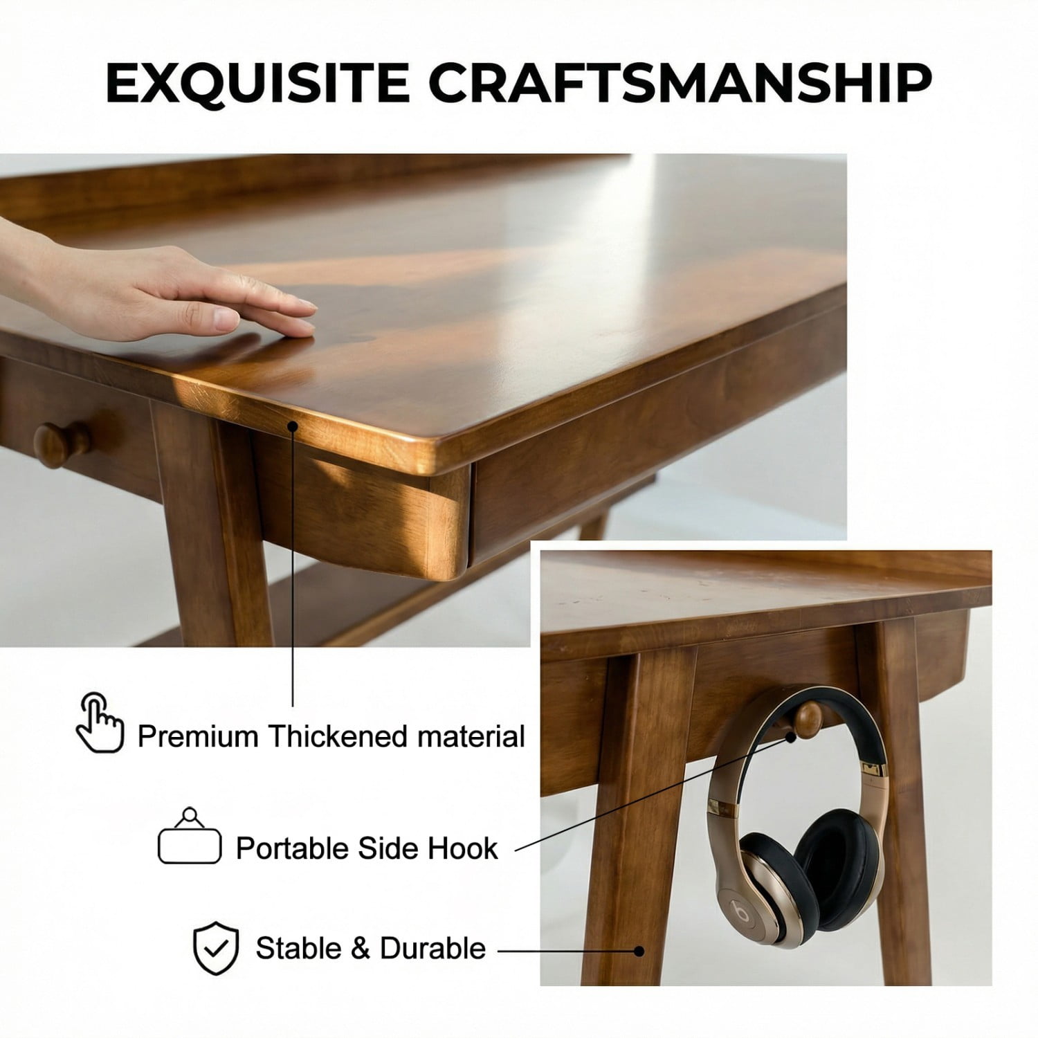 Solid Wood Writing Desk 47 Inch with 2 Drawers & Storage Shelf Mid Century Modern Home Office Desk with Hooks for Bedroom Study Walnut