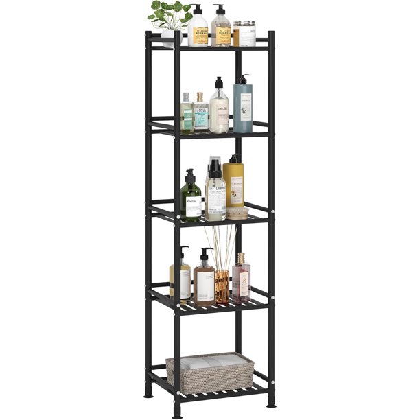 Estantería de metal de 5 niveles para baño, estantería de pie, armario de almacenamiento de cocina, organizador de estantes, soporte para plantas, estantería de exhibición para sala de estar (negro,