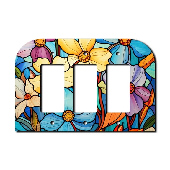 Off The Wall Plates - Stained Glass Look Cosmos Flowers Classic Decorative Acrylic Cover Triple Paddle Rocker Wallplate