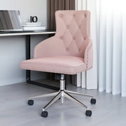 BELLEZE Belden Swivel Computer Desk Chair, Button-Tufted Upholstered Fabric with Nailhead Trim, Mid-Back Accent Armchair Adjustable Height, Pink & Chrome