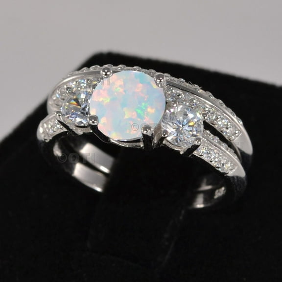 14K White Gold Plated Sterling Silver 2.05Ct Simulated White Fire Opal & CZ Bridal Engagement Wedding Ring Set