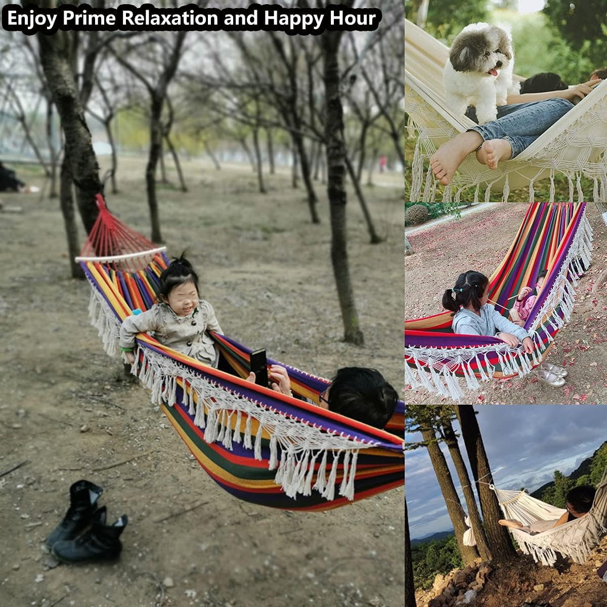 DUANJY Cotton Canvas Hammock, Double Boho Hammocks with Decorative Fringe , Portable Camping Indoor Outdoor Garden Hammock Swing with Travel Bag, 440lb Load Capacity