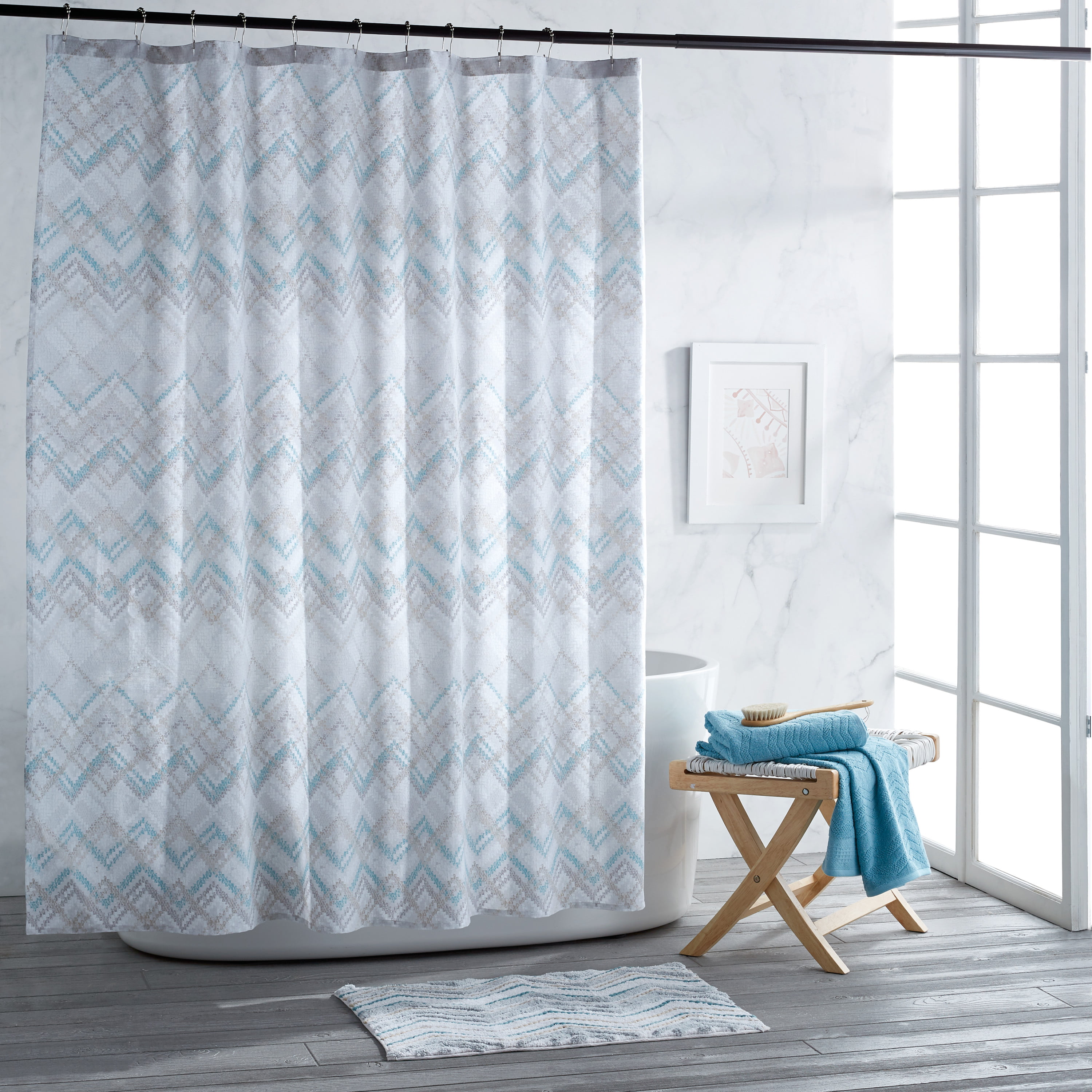 Chevron Waffle Grey Water Resistant Polyester Fabric Shower Curtain Set 180x180 