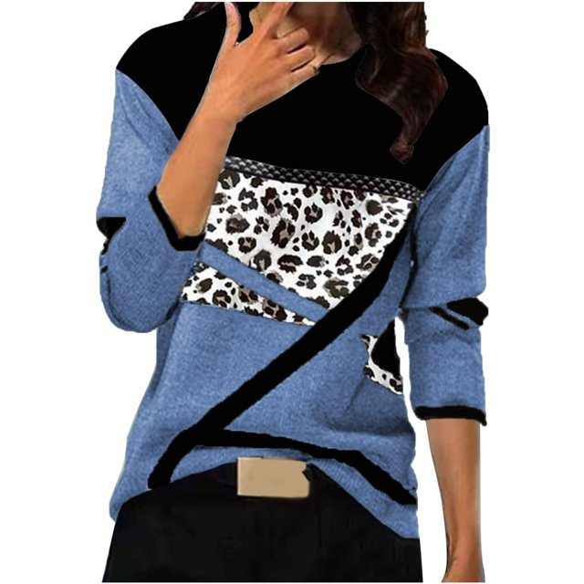 Birdeem Femmes Imprimé Léopard Col Rond Patchwork Chandail à Enfiler Manches Longues Blouse T-Shirt Hauts