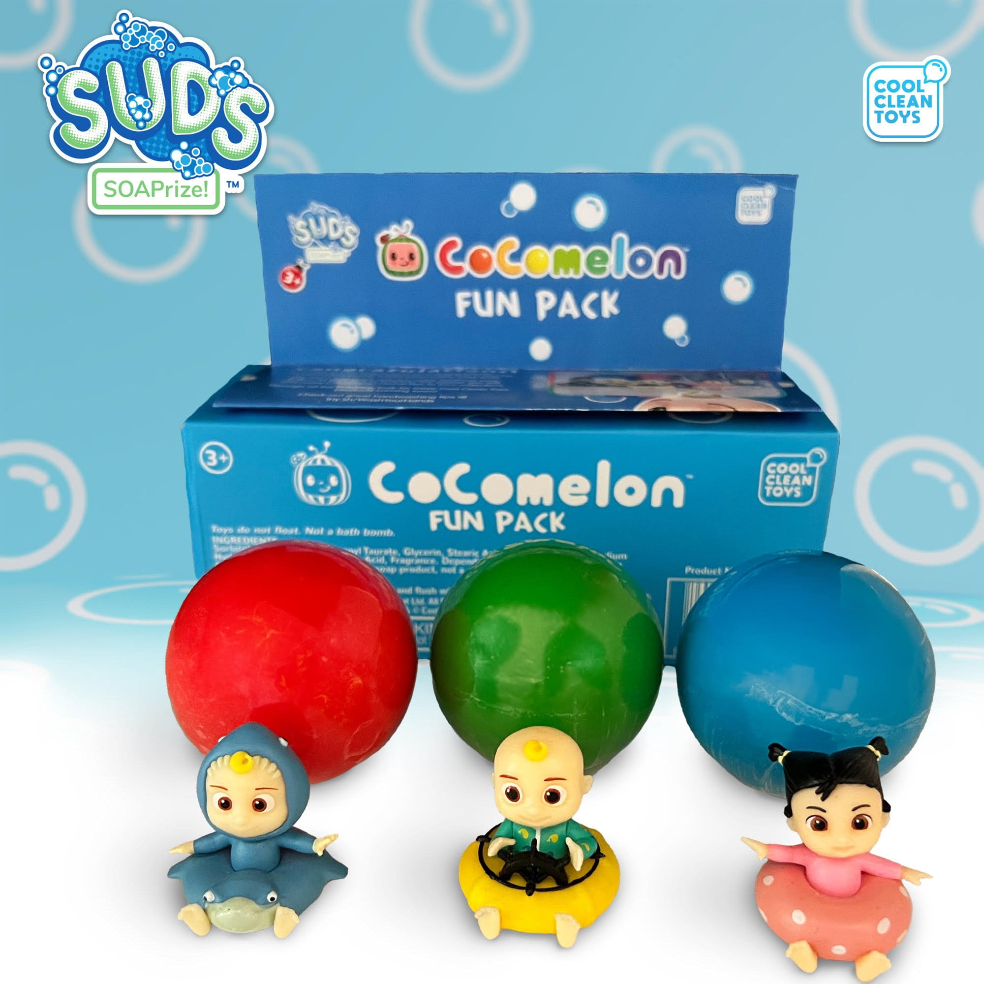 CoComelon SUDs SOAPrize Fun Pack - 3pk Includes Skipper JJ, Shark JJ, & Ballerina CeCe, Multicolored, Kids Soap Balls With Toys Inside, Item #8889