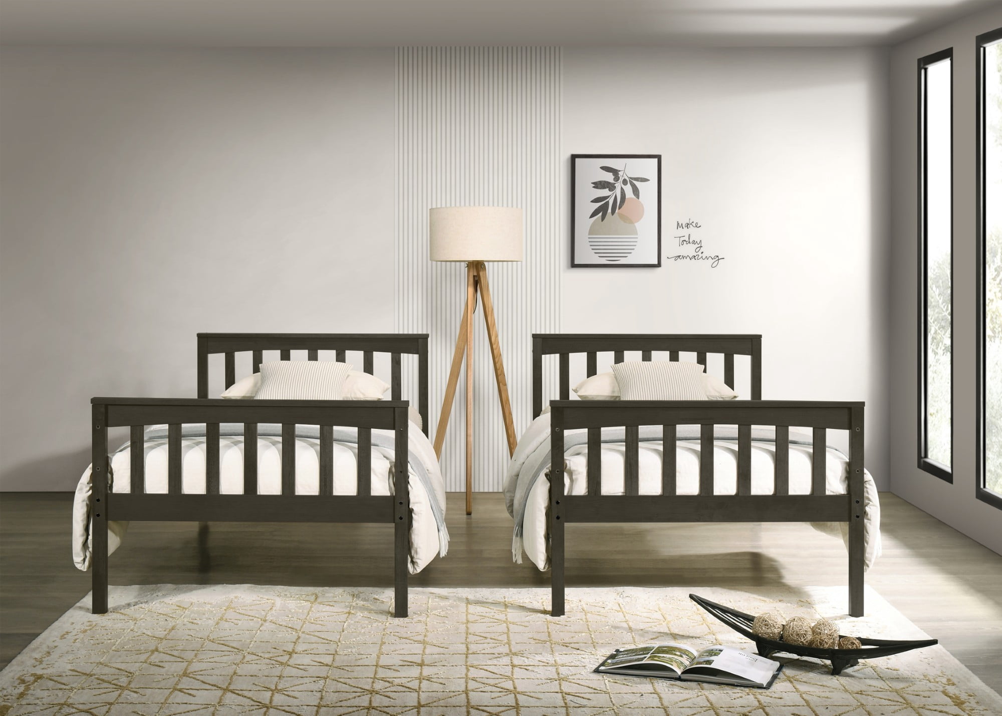 Home Design Ames Twin Over Twin Solid Wood Bunk Bed Frame, Convertible, Sturdy Guardrails, Dark Gray, Easy Assembly