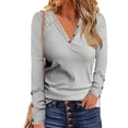 thumbnail image 2 of Woman V Neck Tunic Tops Long Sleeve Button Front Casual Slim Fit Ribbed Blouse for Work Party Outdoor, 2 of 6