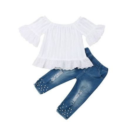 

2PCS Toddler Kids Baby Girl Ruffle Tops T-shirt Denim Pants Jeans Outfits Set 1-6T