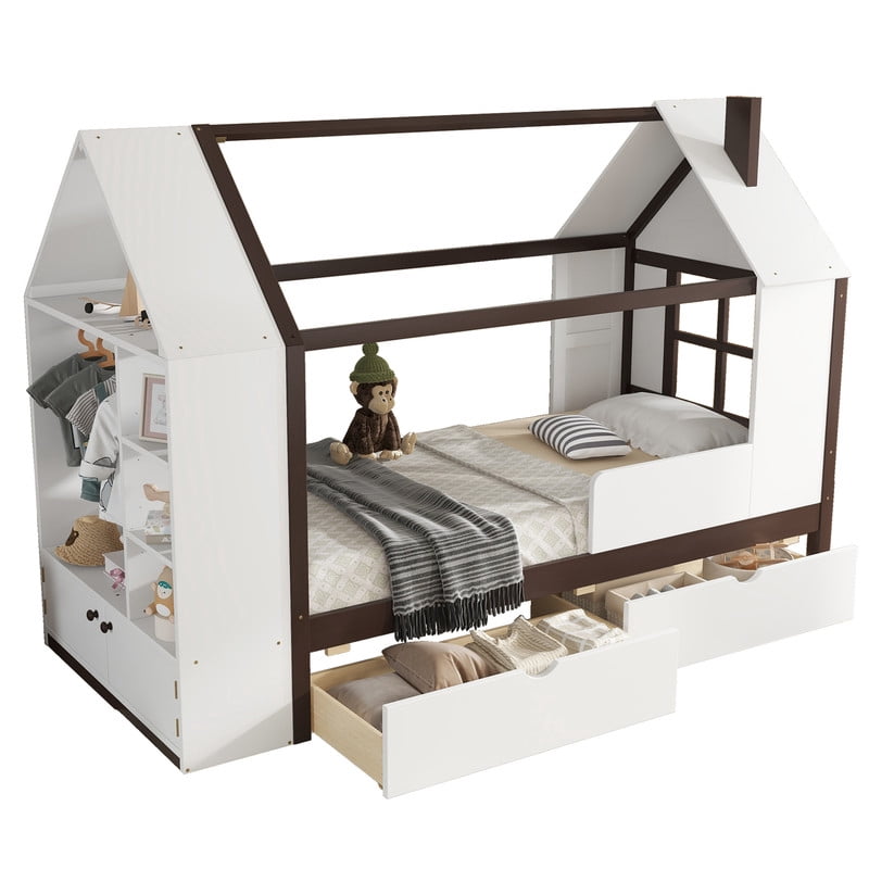 Twin Size House Platform Bed with Storage, Solid Wood House Bed with Drawers & Shelves, Solid Wood Platform Bed with Cabinet & Wardrobe, White & Espresso
