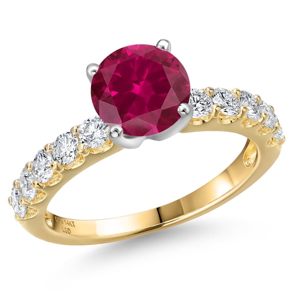 Gem Stone King 14K Two Tone Gold Red Created Ruby and Lab Grown Diamond Engagement Ring for Women | 2.20 Cttw | Round 7MM | Gemstone July Birthstone | Size 9