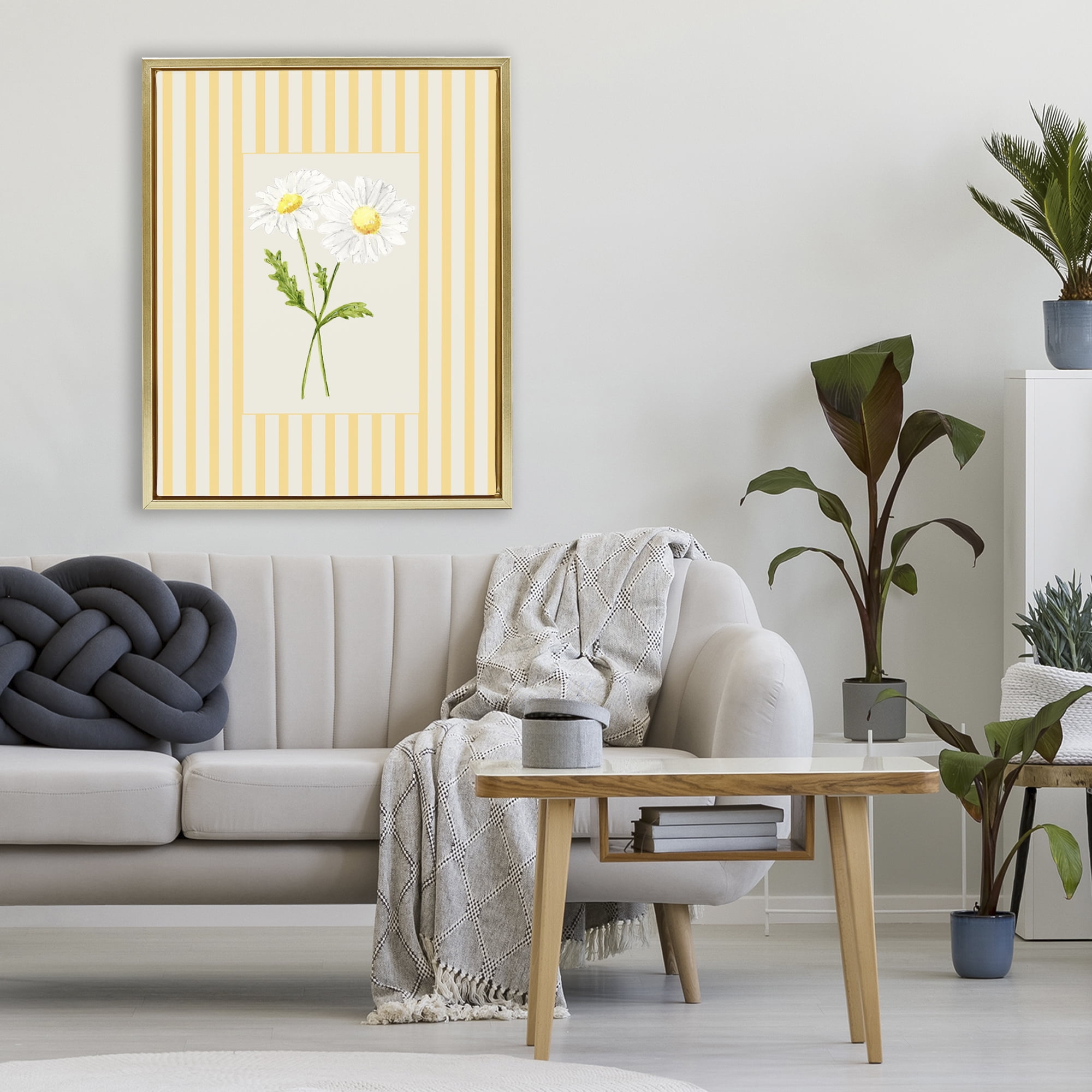 Yellow Stripe Daisy Gold Framed Floater Canvas Wall Art, design by Lisa Wehmeyer