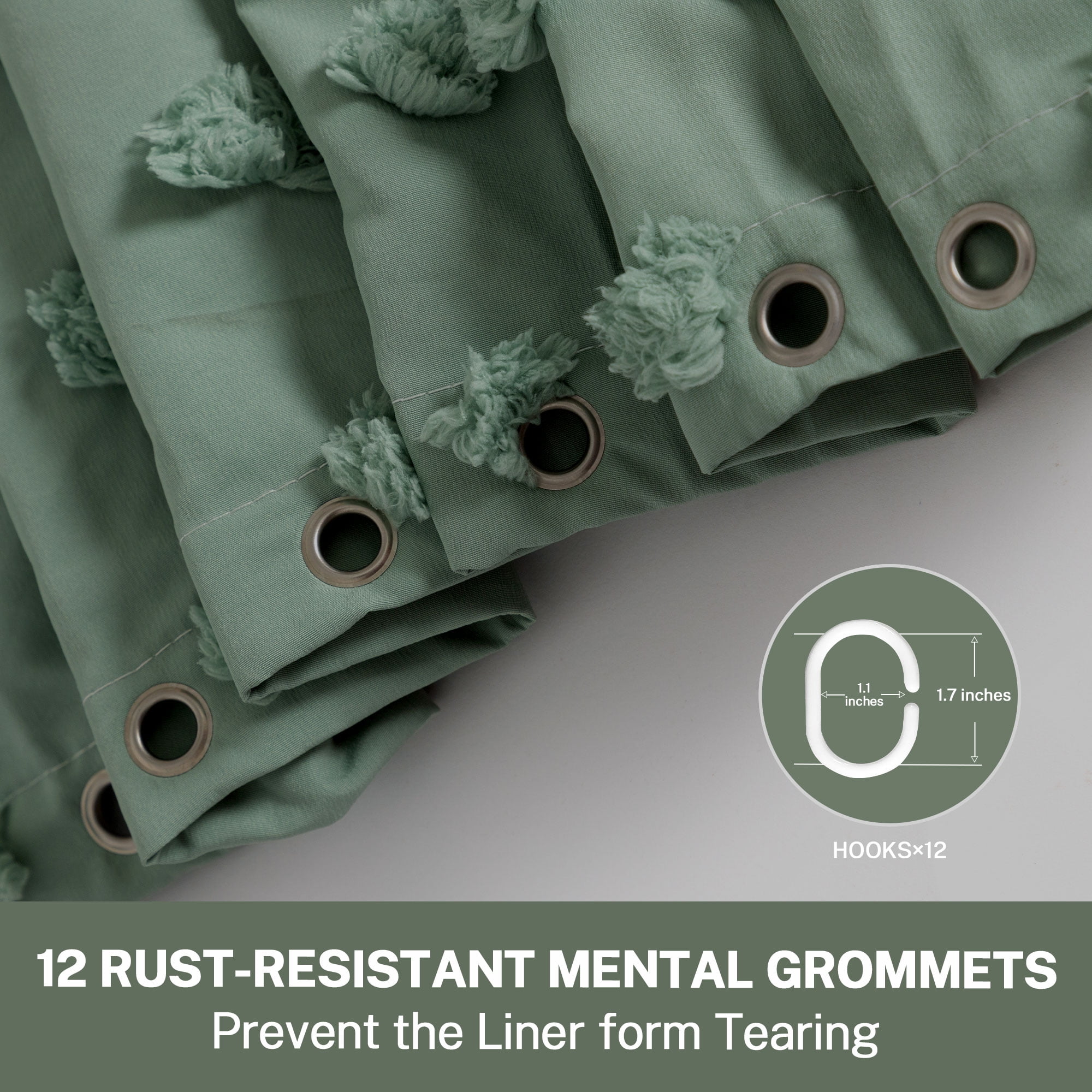 Siiluminisoy Dark Green Boho Farmhouse Shower Curtain for bathroom, 72 x 72 Tufted Pleat Floral Puffs Textured Modern Minimalist Shower Curtain Set with Hooks