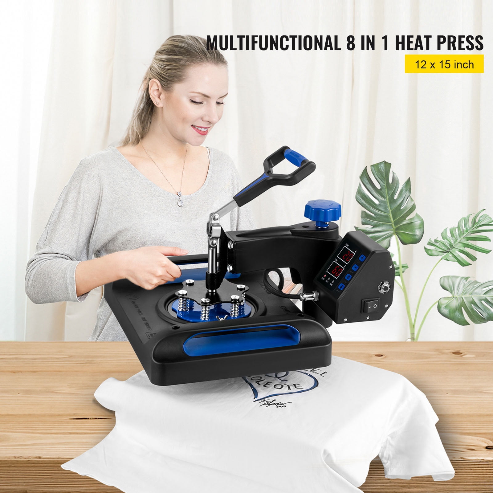 BENTISM Heat Press Machine 8 in 1,12" x 15" Dual-Tube Heating Press Sublimation Machine 360° Rotation Swing Away T-Shirt Printing Machine Dual-Tube Heating for DIY T-Shirts Cap & Mugs Blue