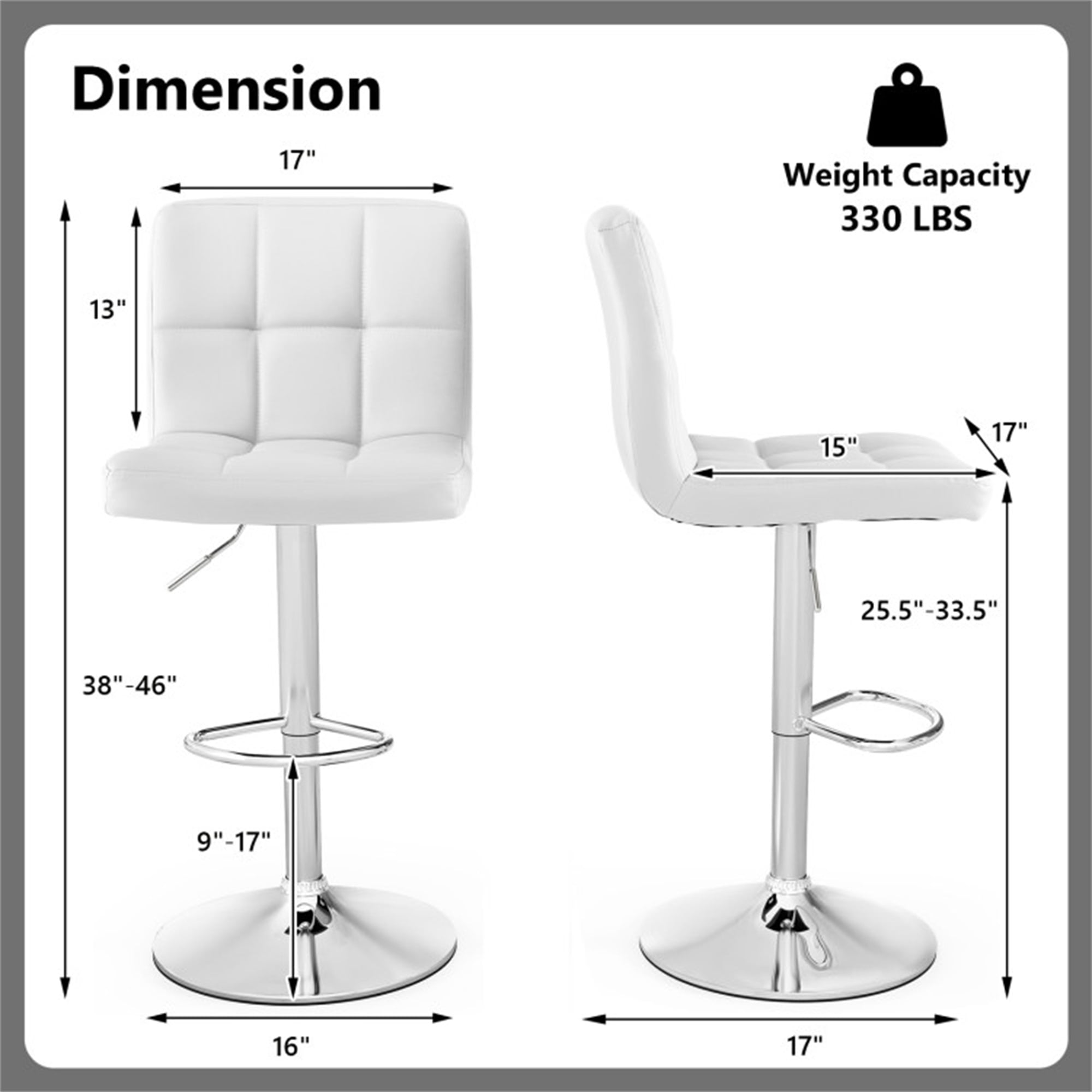 Demi Bonn Armless PU Leather Bar Stool with Adjustable Height and Swivel Seat, Modern Dining Chair with Backrests, White