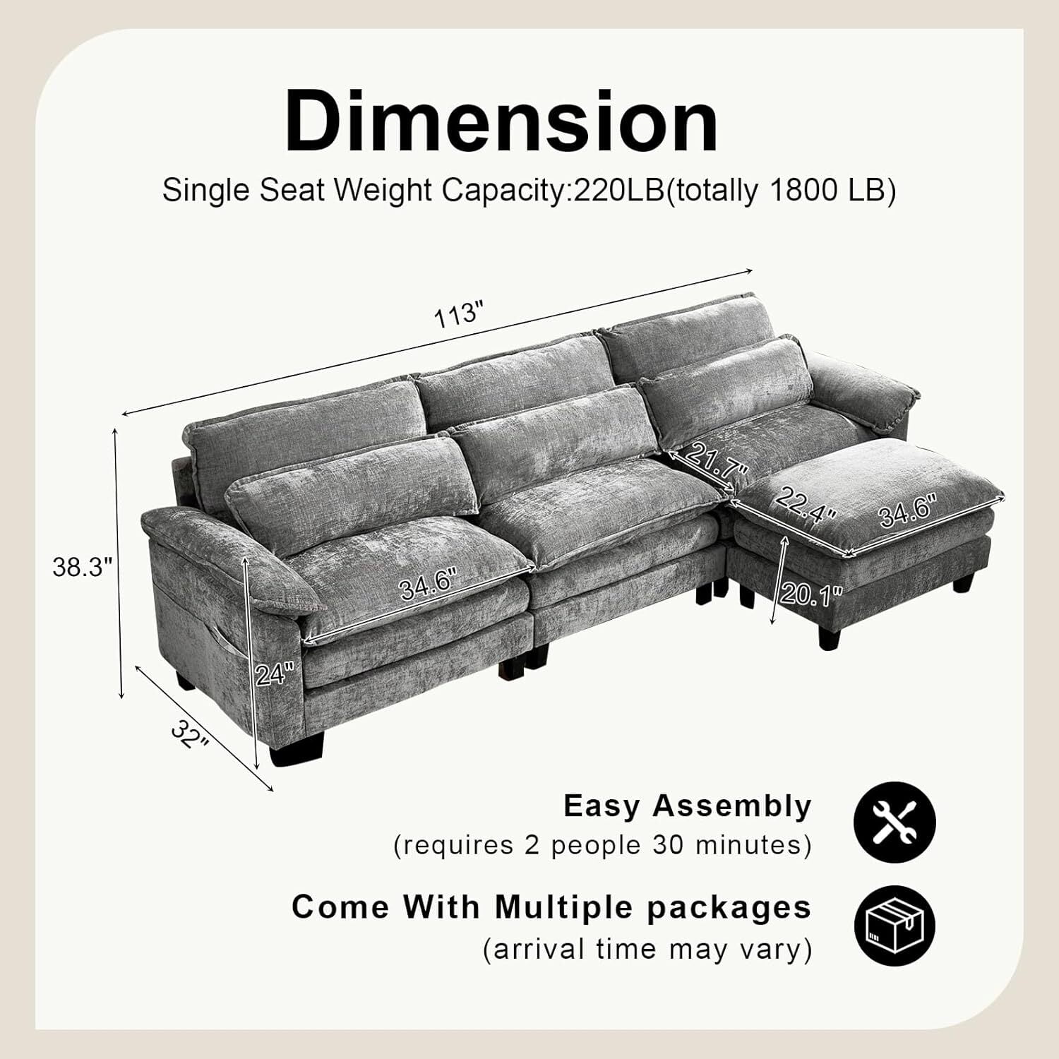 Howcool 113" Modular Sectional Sofa , 3 Seater L-Shaped Cloud Couch with Movable Ottoman, USB Charging Ports & Side Pockets, Sectional couchs for Living Room,Chenille Fabric,Grey(Thick Sponge)