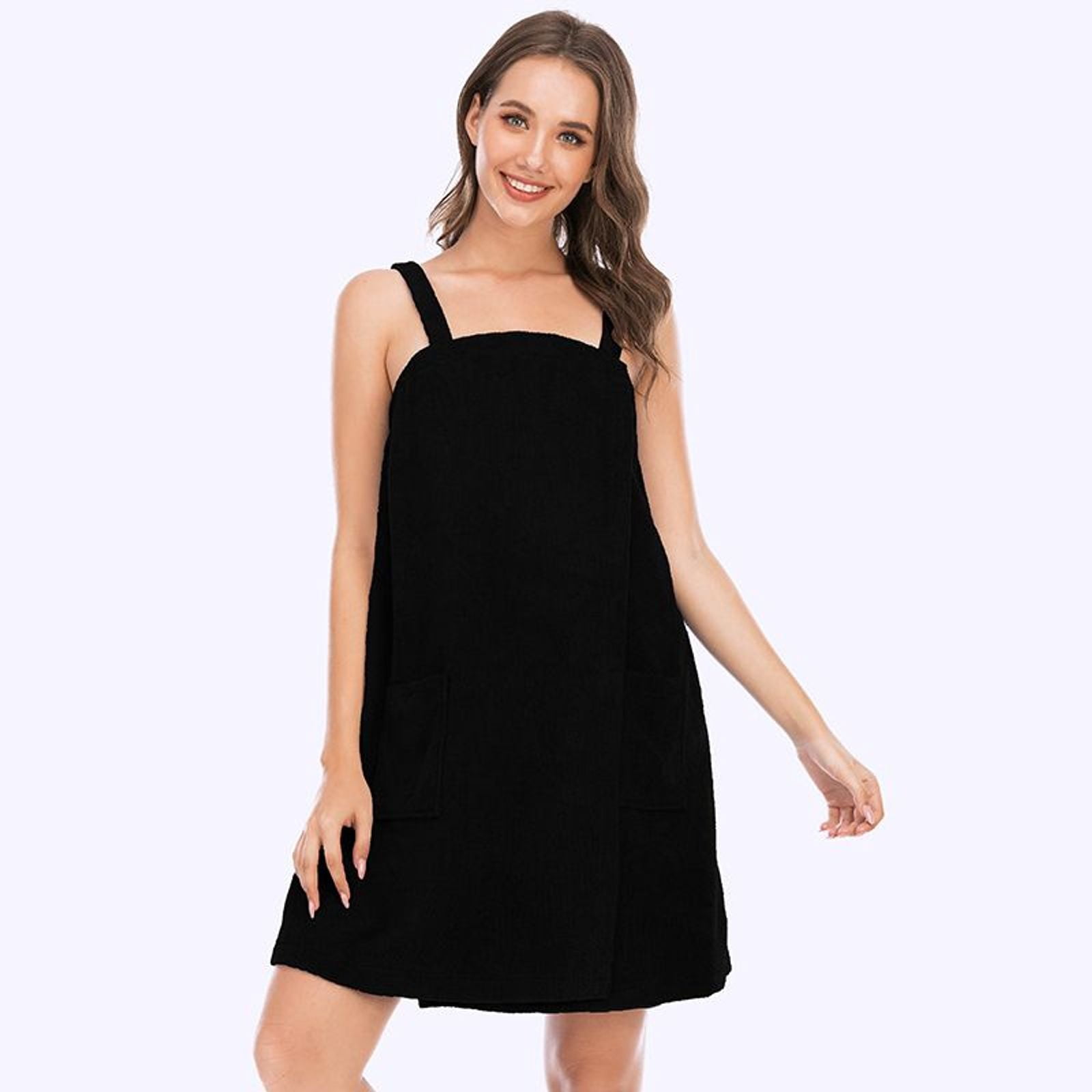 Defitshape Women's Terry Cloth Towel Wrap Bath Spa Soft Tank After Shower Dress Cozy Absorbent Bath Robe Sleeveless Shower Wrap Black 14