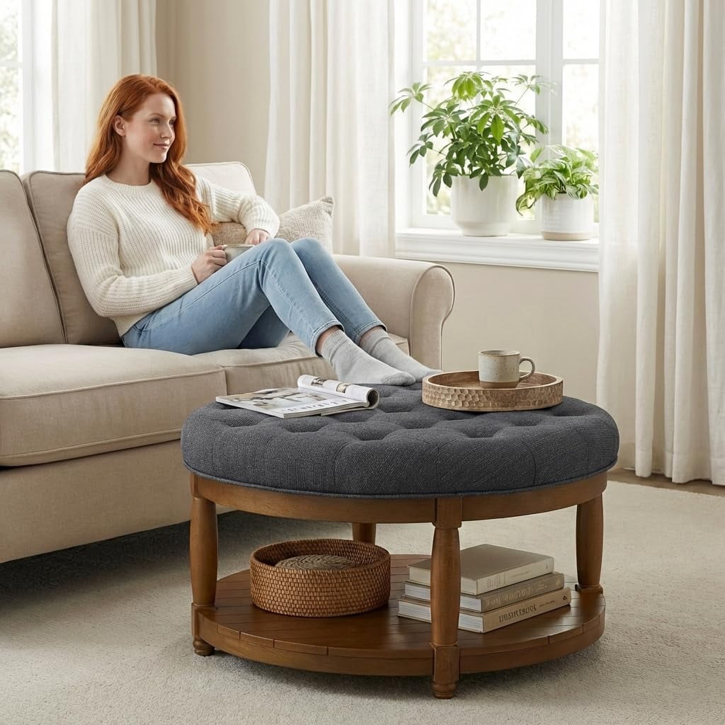 ODUWA Coffee Table Ottoman with Storage Shelf, Tufted Upholstered Footrest Stool, Solid Wood Base Accent Table for Living Room