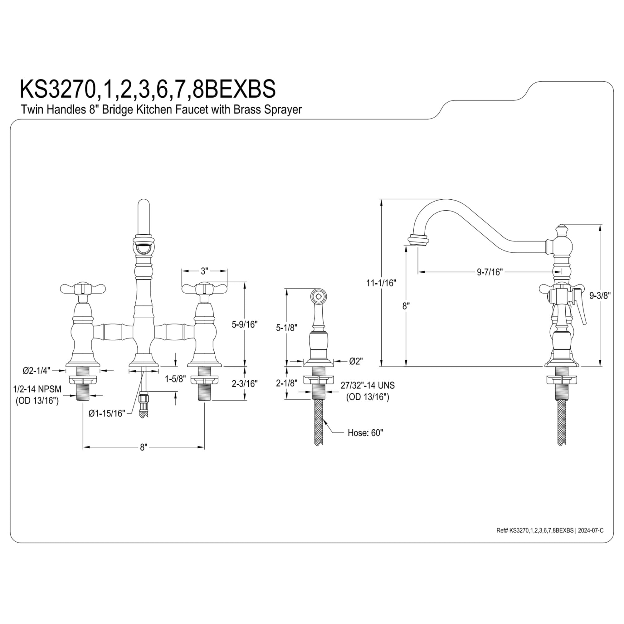Kingston Brass KS3272BEXBS Essex Two-Handle 4-Hole Deck Mount Bridge Kitchen Faucet with Brass Side Sprayer in Polished Brass