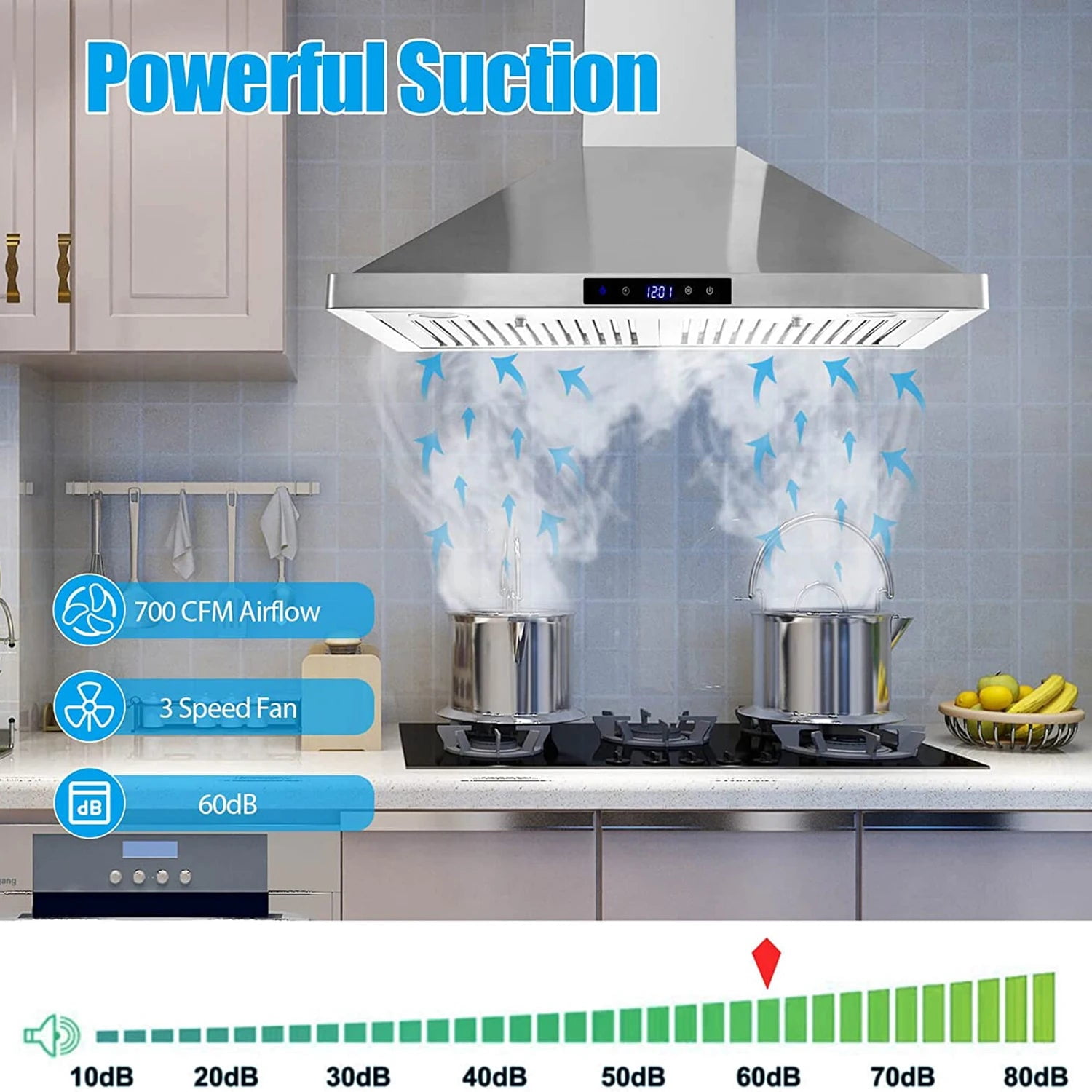 Wall Mount Range Hood 30 Inch Kitchen Hood 700 CFM ,Touch Control,Permanent Filters, Stainless Steel, 3 Speed Exhaust Fan, LED