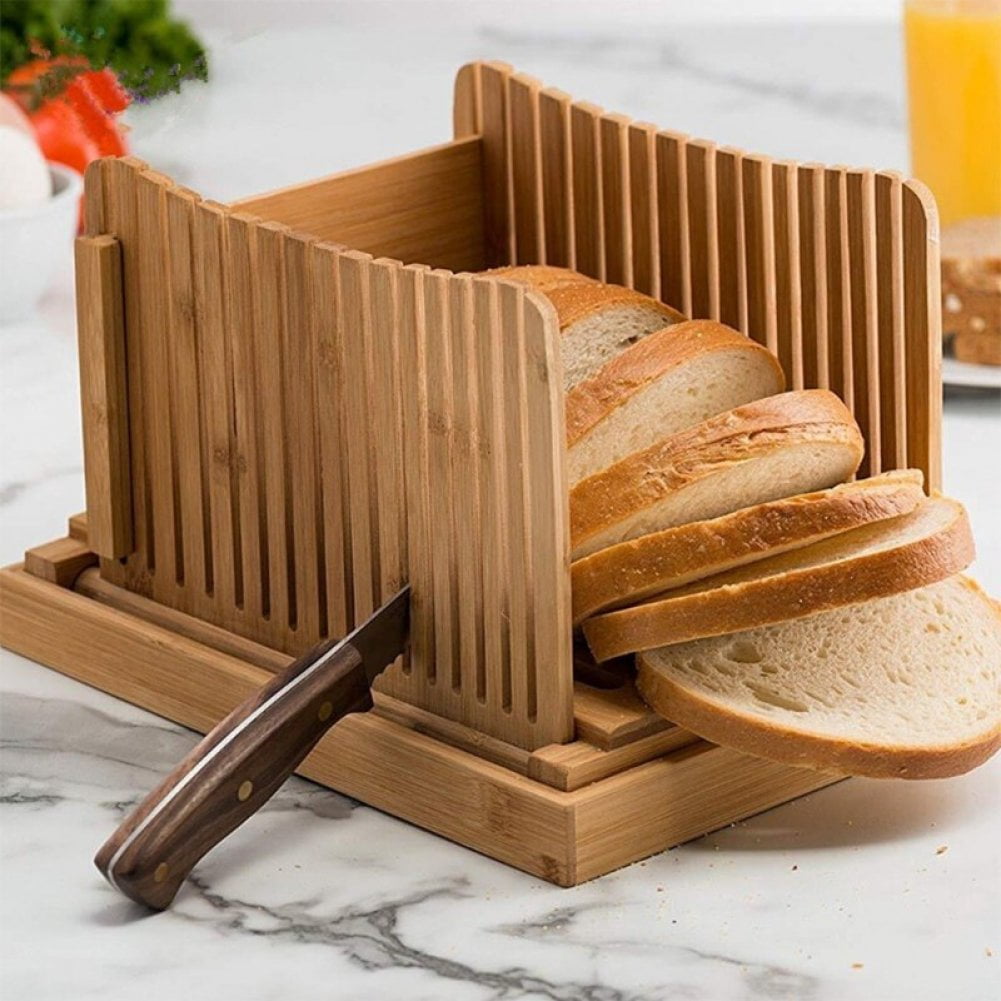 Hzzsbu Bamboo Bread Slicer Compact Foldable with Cutting Board for Homemade Bread