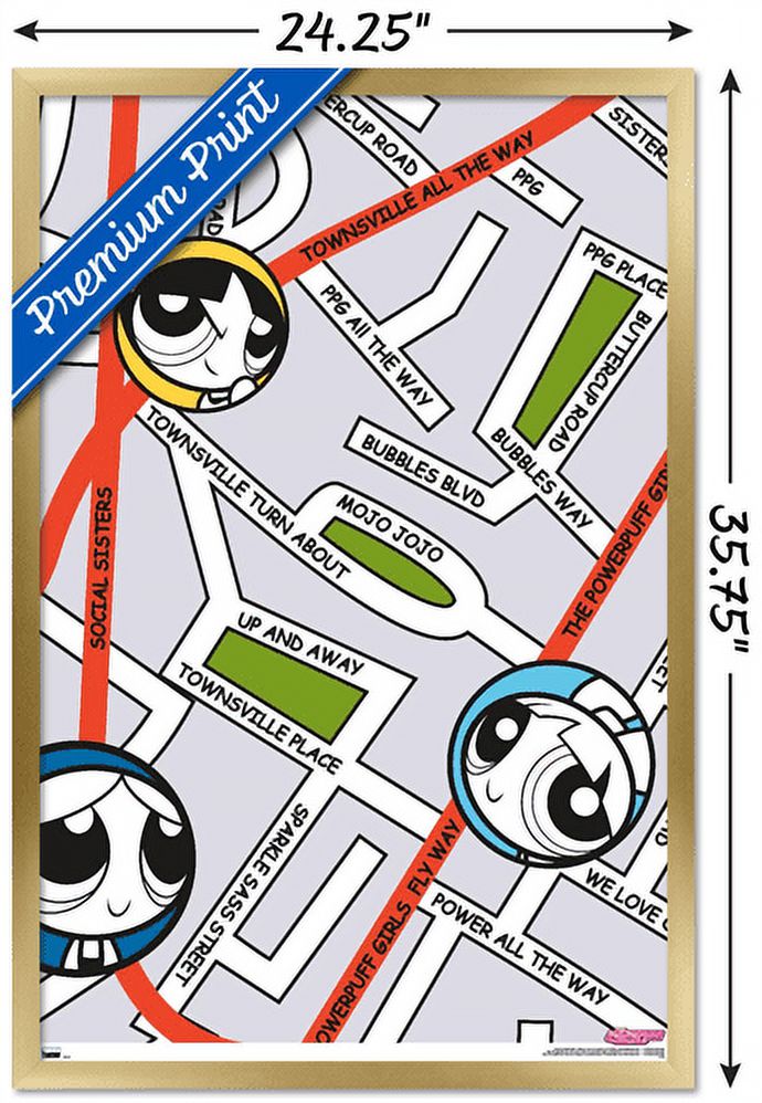 The Powerpuff Girls - Group Map Wall Poster, 22.375" x 34", Framed