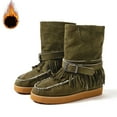 thumbnail image 4 of Rokment Wide Mid Calf Winter Snow Boots for Women Ethnic Boho Fringe Buckles Fringe Fleece Lined Warm Suede Platform Low Heel Fold over Tall Boots Green Size 6, 4 of 6