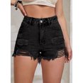 thumbnail image 1 of Distressed Raw Hem High Waist Denim Shorts, 1 of 7
