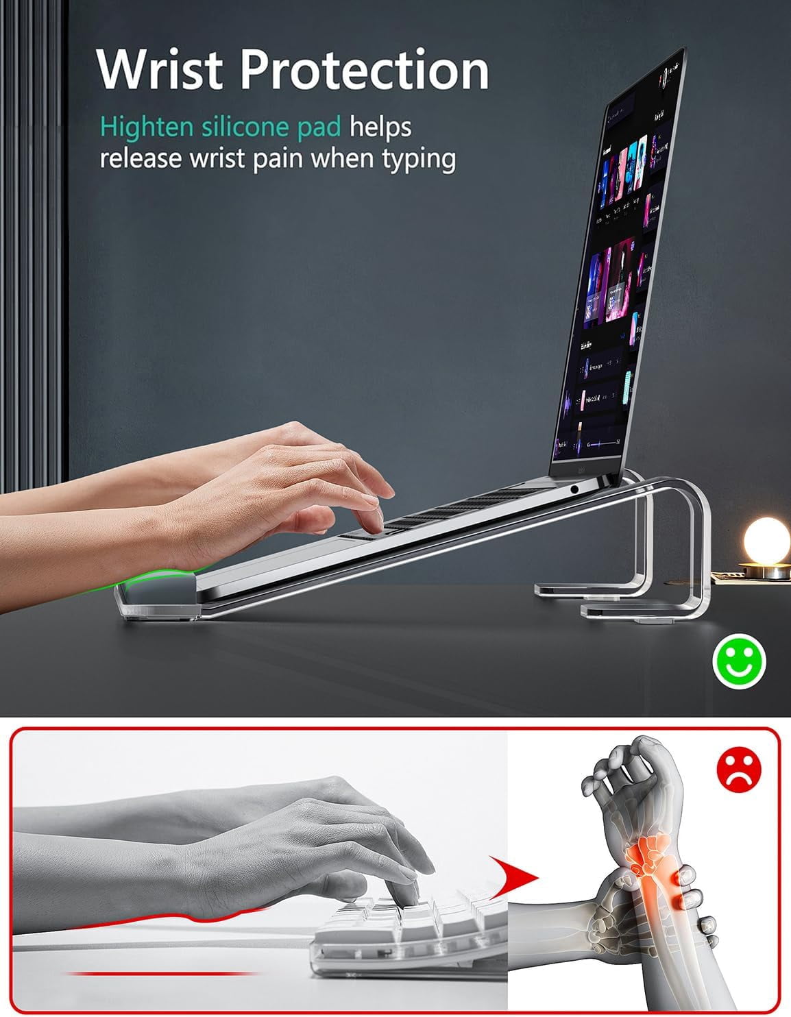 Clear Acrylic Laptop Stand for Desk, with Wrist Rest, Ergonomic Detachable Mount Compatible with 10-17'' All Laptops Such as MacBook Air Pro/HP/Dell/Lenovo