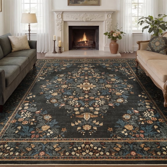 VUNATE Vintage Botanical Floral Printed Area Rug 5'x7' Soft Washable Non Slip Low Pile Rug for Living Room Bedroom Dining Room Home Decor Indoor Carpet with Blossom Design Green
