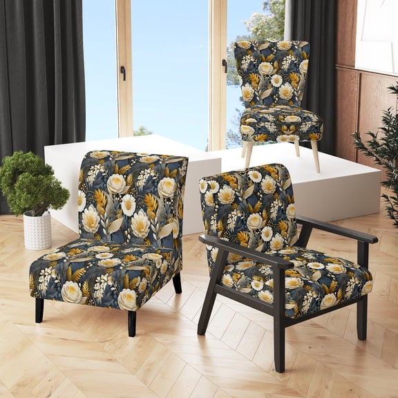 Designart "Golden Grey Garden Enigma" White Floral Upholstered Accent Chair - Cottage Arm Chair For Living Room