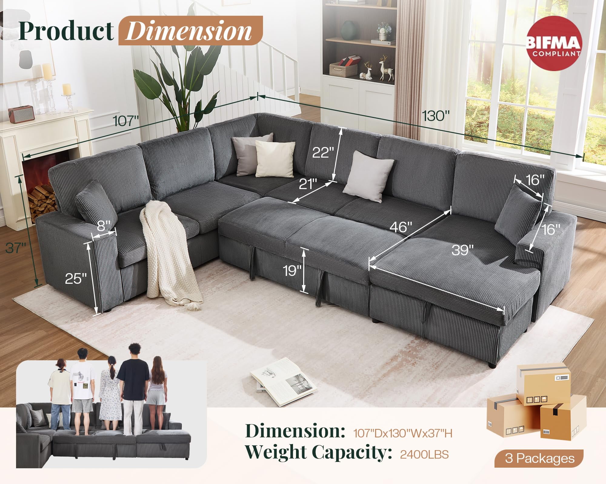 VanAcc 130" Sofa Bed, Sleeper Sofa, Pull Out Sleeper Couch with Storage, Convertible 6-Seater for Living Room, Corduroy Grey