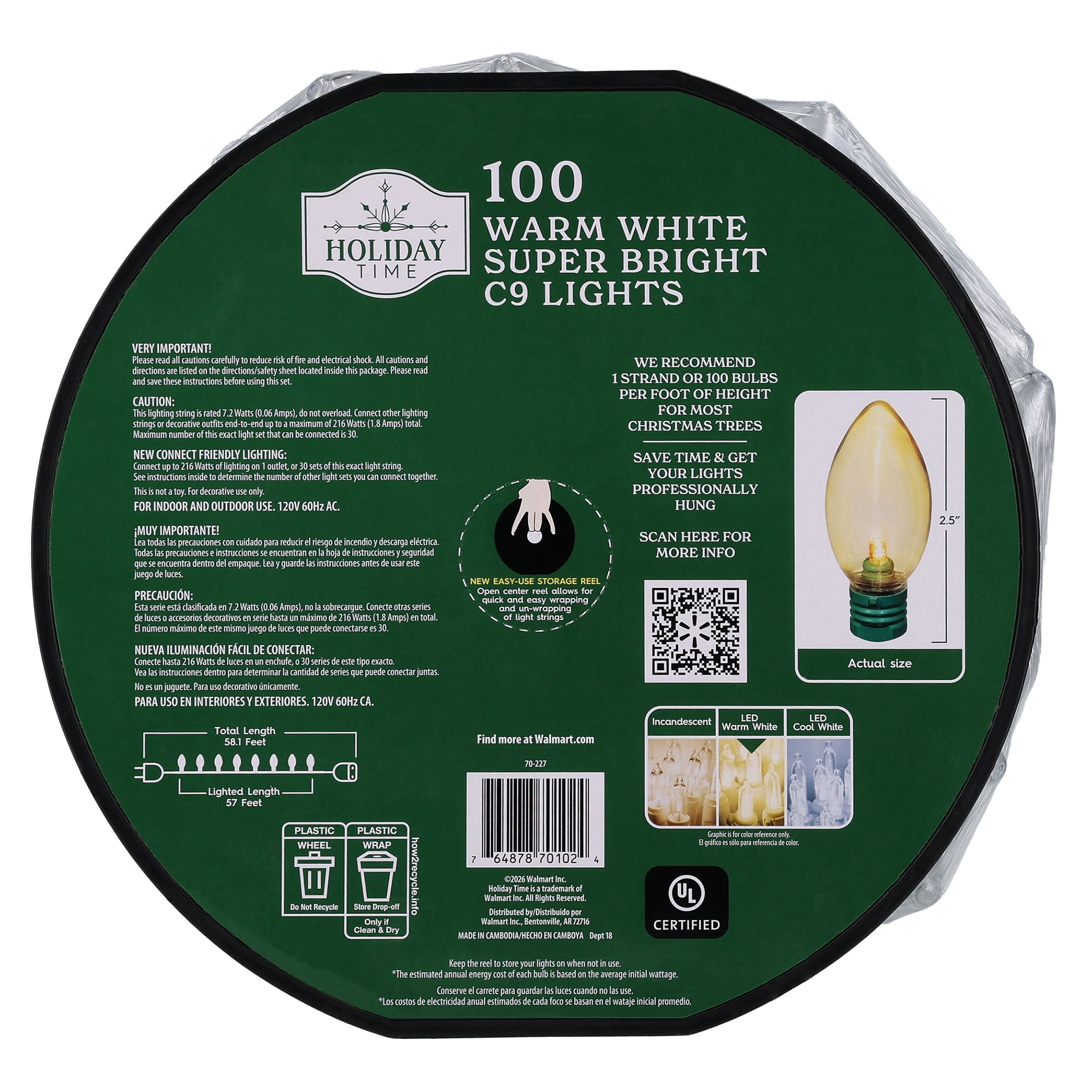 Indoor/Outdoor 100-Count LED Smooth C9 Christmas String Lights, Warm White, Green Wire, 57', by Holiday Time