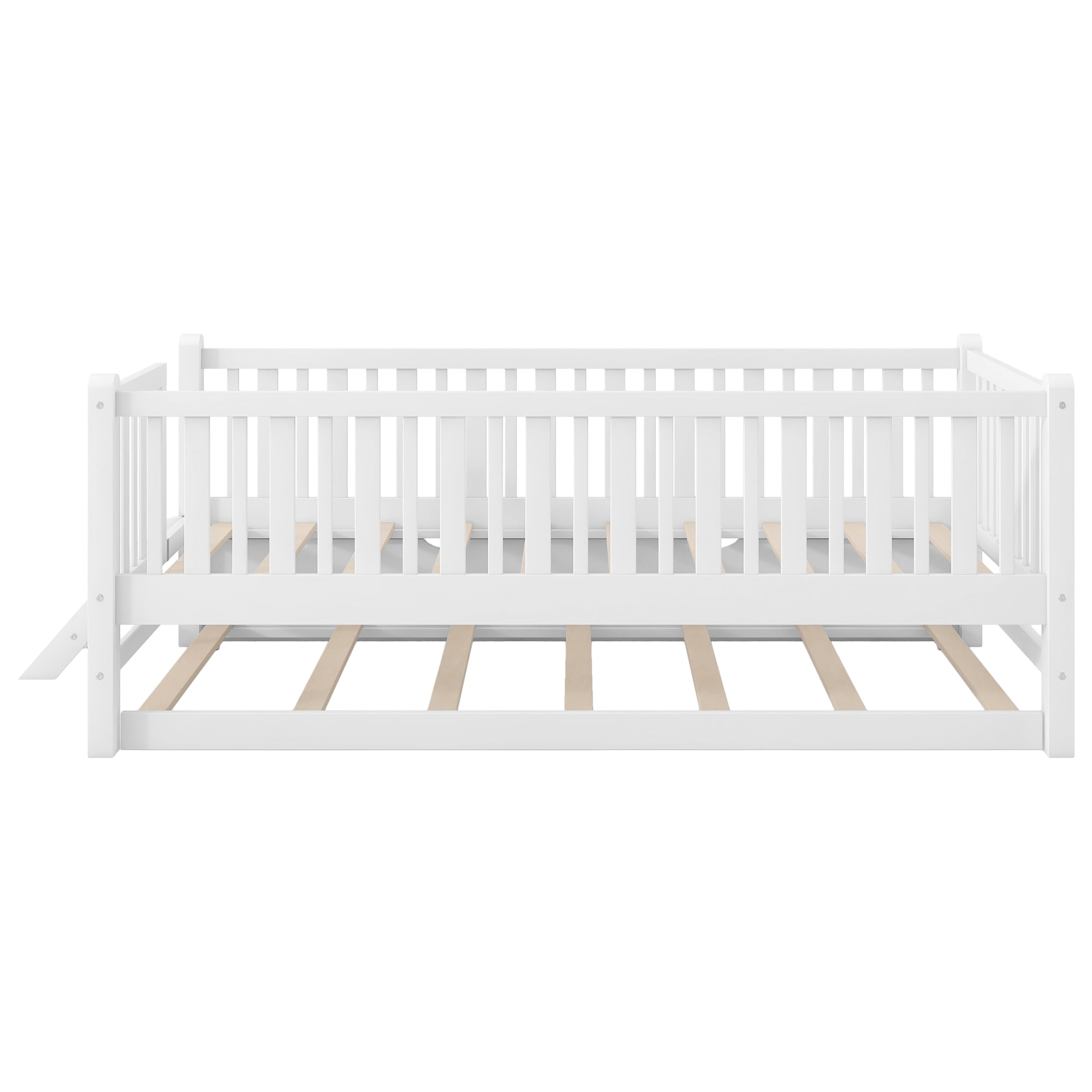 Euroco Wood Twin Size Platform Bed with Trundle, Guardrail Bed for Kids Teens Toddler, White