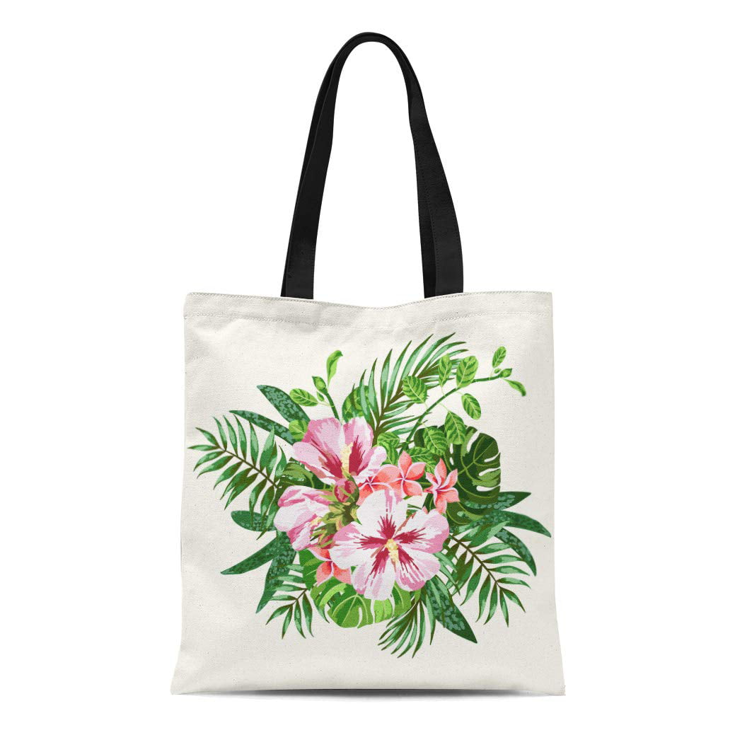 POGLIP Canvas Tote Bag Bouquet of Tropical Flowers and Leaves Plumeria ...
