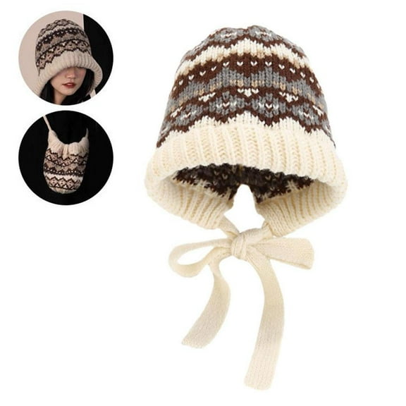 Fair Isle Beanie Hats for Women Men,Y2k Knit Beanie Hat with Tie-Up,Windproof Ear Flaps Crochet Trapper,Outdoor Wear